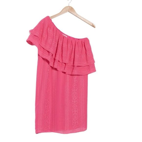 NWT Trina Turk Phebe embroidered one shoulder pink ruffle dress size M - Picture 4 of 12
